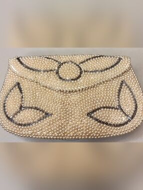 Pearl-Embellished Evening Clutch - Cream